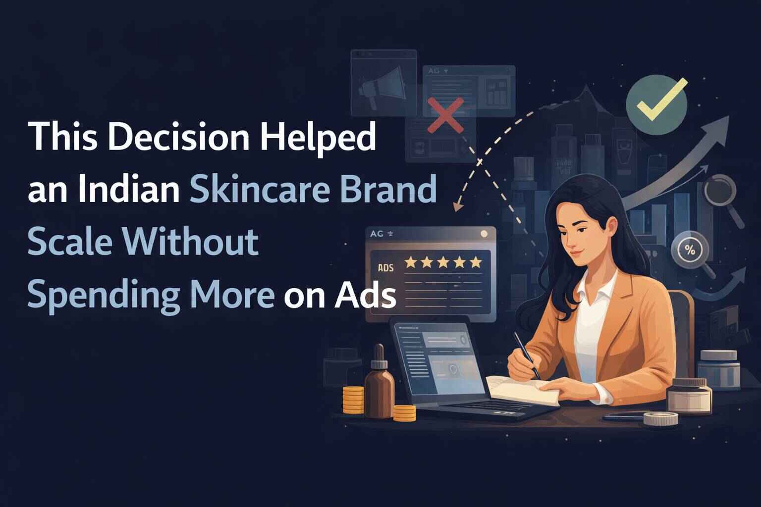 A visual representation of a lady working on a laptop and analusing data