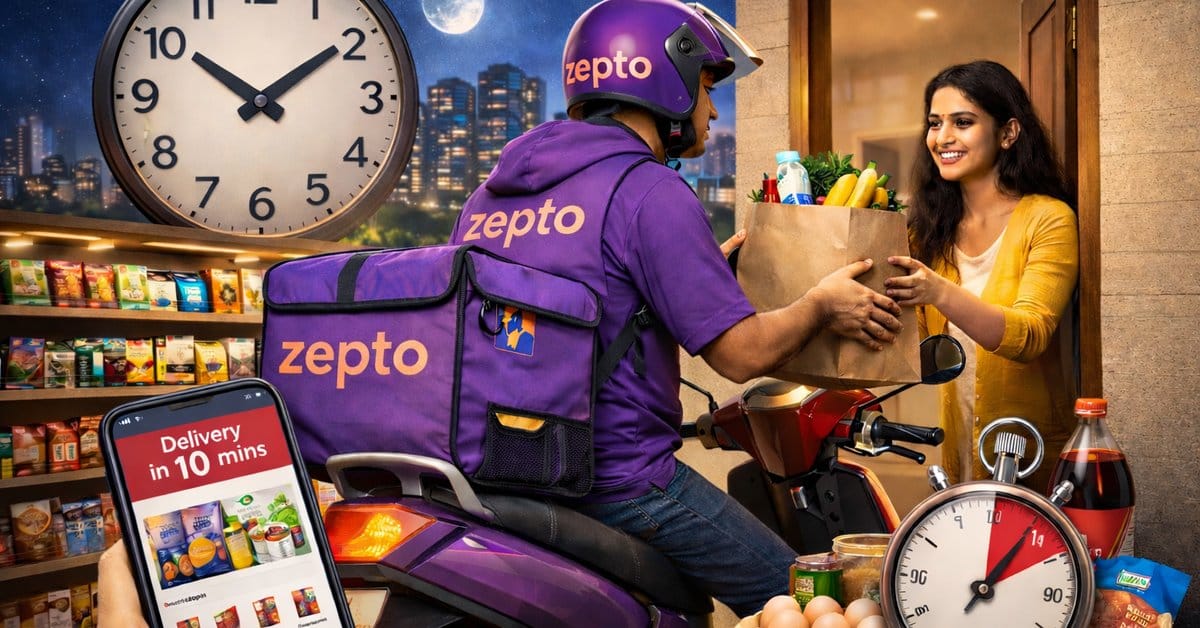 Why Zepto is successful in India infographic showing a zepto delivery agent delivering products to a lady under 10 minutes