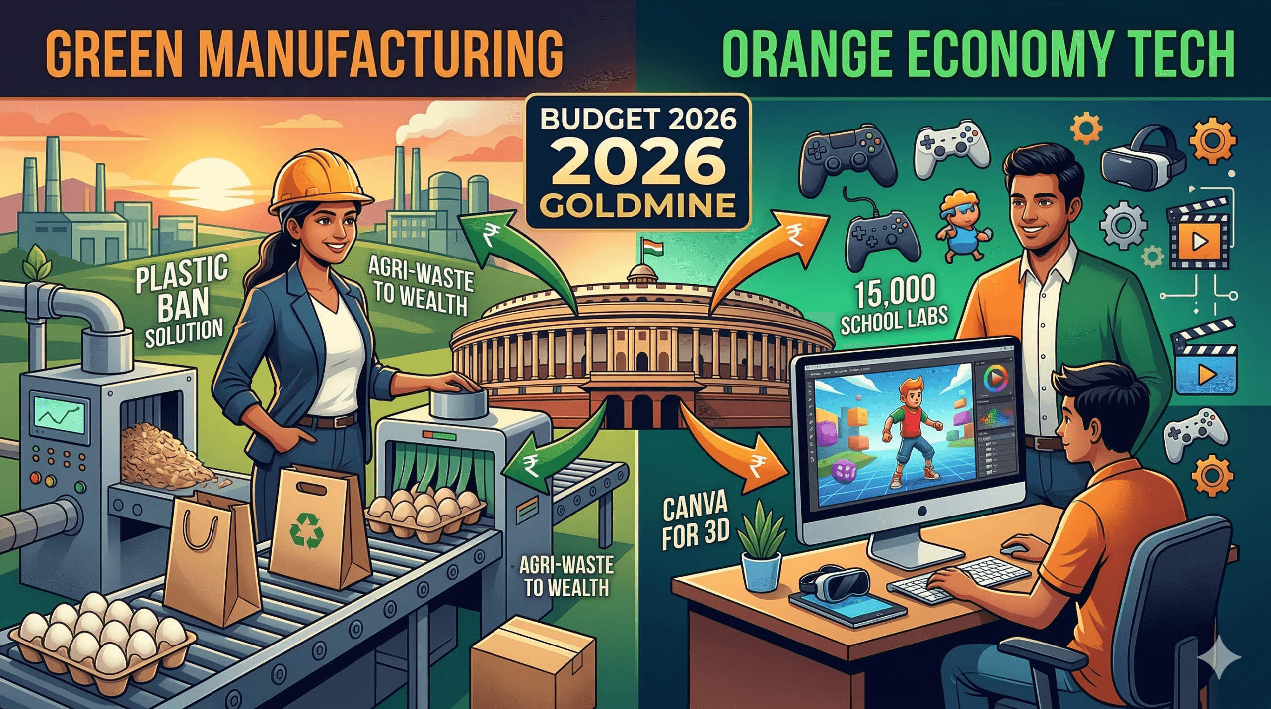 A dynamic illustration visualizing strategic India budget 2026 business opportunities for entrepreneurs in green manufacturing and AVGC tech sectors.